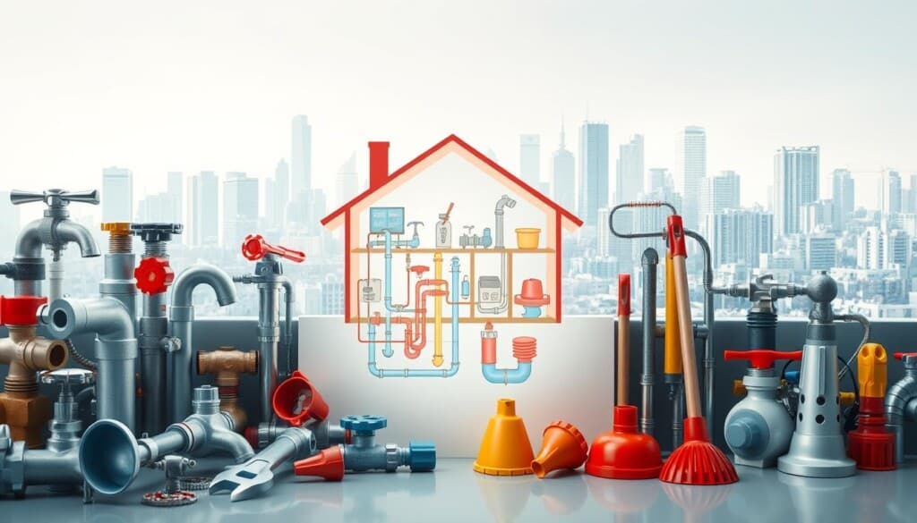 An image of various plumbing services depicted in a detailed, technical illustration. The foreground showcases a diverse range of plumbing fixtures and tools, including pipes, faucets, wrenches, and plungers, arranged in a harmonious composition. The middle ground features a cutaway view of a residential home's plumbing system, with water pipes, valves, and drain lines visible. The background depicts a cityscape with skyscrapers and residential buildings, representing the urban settings where these plumbing services are commonly required. The lighting is soft and diffused, creating a professional, informative atmosphere. The overall scene is captured with a high-resolution, wide-angle lens, ensuring comprehensive coverage of the plumbing services types.
