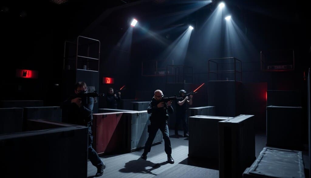 An indoor laser tag arena with diverse obstacles and strategic cover. A team of players in tactical gear carefully navigating the dimly lit environment, wielding futuristic laser blasters. Intense spotlights cast dramatic shadows, creating a tense, cinematic atmosphere. Players take cover behind barricades, peek around corners, and coordinate their movements to outmaneuver opponents. The arena features elevated platforms, narrow corridors, and dynamic lighting elements that challenge players to adapt their strategies. A sense of high-stakes, adrenaline-fueled competition permeates the scene.