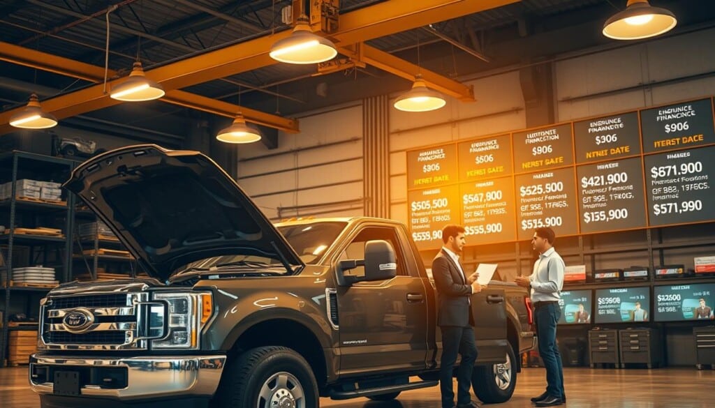 An industrial-style workshop with a large overhead crane and shelves of automotive parts. In the foreground, a used pickup truck is parked, its engine hood open, with a salesperson discussing financing options with a potential customer. Warm lighting from overhead lamps casts a golden glow, creating a sense of professionalism and trustworthiness. The background features a wall of monitors displaying various financing plans and interest rates. The scene conveys the process of securing a used truck purchase through a reliable dealership with transparent financing solutions.