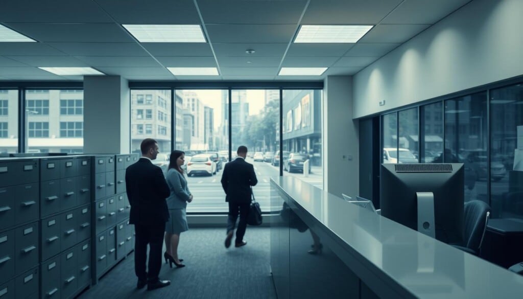 An insurance claims process office interior, with a receptionist's desk in the foreground and clients waiting in the middle ground. Soft, diffused lighting from overhead fixtures creates a professional, yet calming atmosphere. Rows of filing cabinets and a computer monitor on the receptionist's desk suggest an organized, efficient workflow. In the background, a large window provides a view of a bustling city street, hinting at the real-world context in which this process takes place. The mood is one of quiet diligence, as the claims process moves forward methodically to resolve the matters at hand.