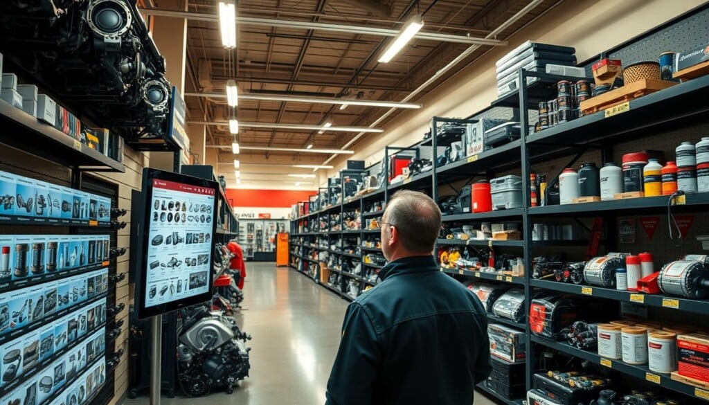 An interior view of a modern, well-lit auto parts store, with neatly organized shelves and displays showcasing a wide range of automotive components. In the foreground, a customer stands before a large touchscreen display, intently browsing through a comprehensive online inventory of parts and accessories. The middle ground features rows of sturdy metal shelving stocked with various engine components, filters, and tools, while the background is bathed in the warm glow of overhead lighting. The overall atmosphere conveys a sense of efficiency, professionalism, and the ease of finding the right parts for one's vehicle.
