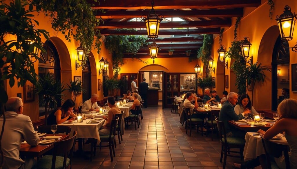 An intimate Mediterranean restaurant, awash in warm lighting and earthy tones. Tiled floors, wooden beams, and wrought-iron accents create a cozy, rustic ambiance. Lush potted plants and cascading vines adorn the space, evoking a sun-dappled courtyard. Patrons dine at intimate, candlelit tables, savoring the aroma of sizzling seafood and fragrant spices. Soft, ambient music plays in the background, complementing the gentle chatter of conversation. The atmosphere is one of relaxation and indulgence, transporting diners to the sun-soaked shores of the Mediterranean.