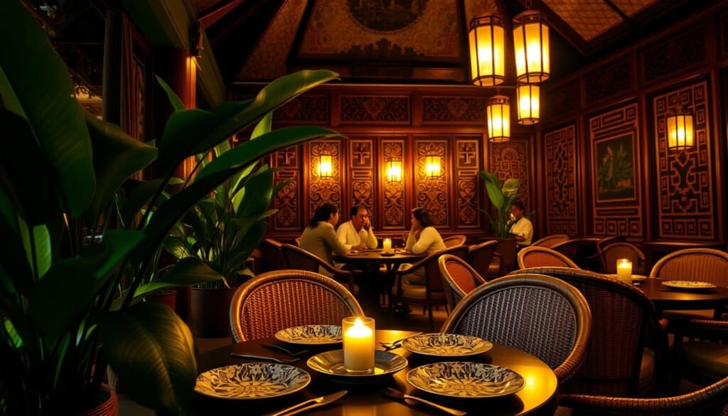 An intimate, dimly-lit Indonesian restaurant interior, with rattan furniture, lush tropical plants, and warm, ambient lighting. The foreground features a cozy table setting with batik-patterned plates, brass cutlery, and a flickering candle. In the middle ground, guests converse quietly, immersed in the soothing atmosphere. The background showcases traditional carved wooden panels, intricately patterned textiles, and the soft glow of lanterns, creating a welcoming, authentic ambiance. The overall mood is one of tranquility, comfort, and a celebration of Indonesian culture and hospitality.