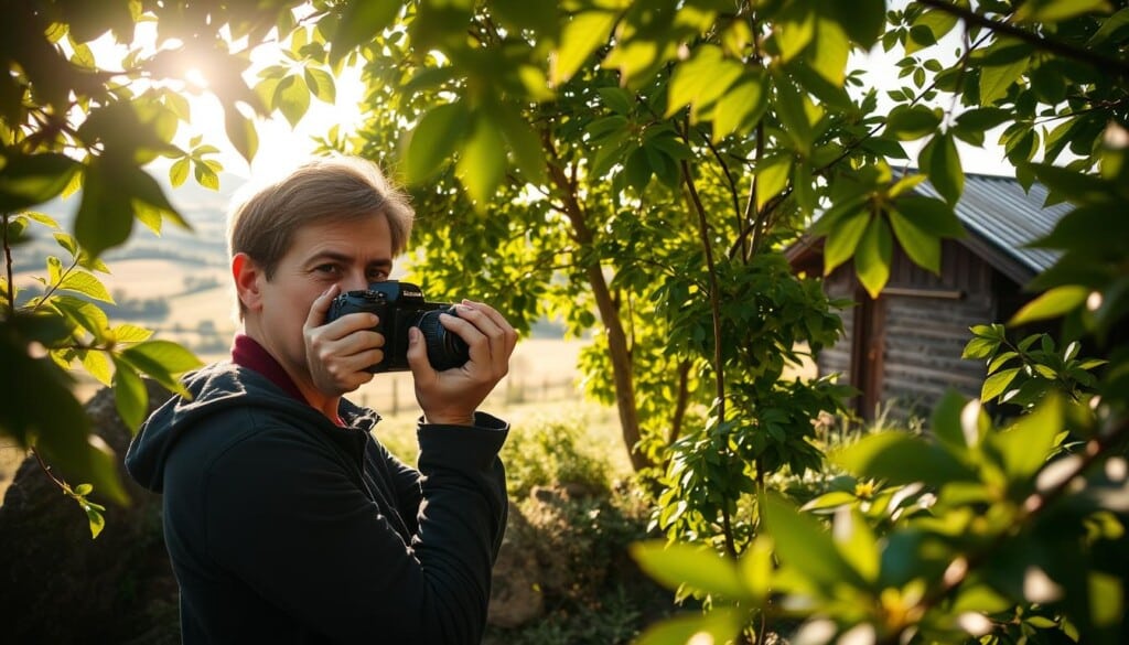 An intimate outdoor portrait session, captured with a wide-angle lens and natural lighting. A photographer, camera in hand, stands surrounded by lush, verdant foliage, framed by a picturesque rural landscape. The subject, a local resident, is engaged in the creative process, their expression one of deep focus and artistic passion. Soft, dappled sunlight filters through the leaves, creating a warm, inviting atmosphere. The overall scene conveys the significance of community-driven, location-specific photography, highlighting the unique charm and character of the local area.