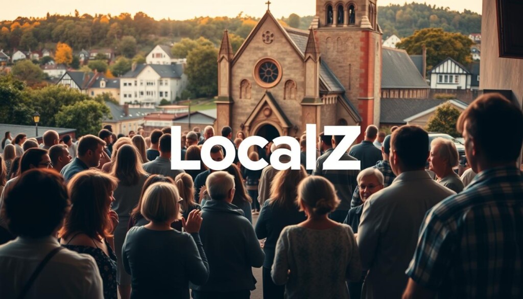 An inviting community gathering at a historic church, with LocalZ's logo prominently displayed. In the foreground, a diverse group of people conversing and engaging with one another, conveying a sense of warmth and inclusivity. The middle ground features the church's stately architecture, bathed in soft, golden lighting that casts a welcoming glow. In the background, a picturesque town landscape with quaint homes and lush foliage, suggesting a vibrant, tight-knit community. The overall atmosphere is one of connection, commitment, and a celebration of local heritage.