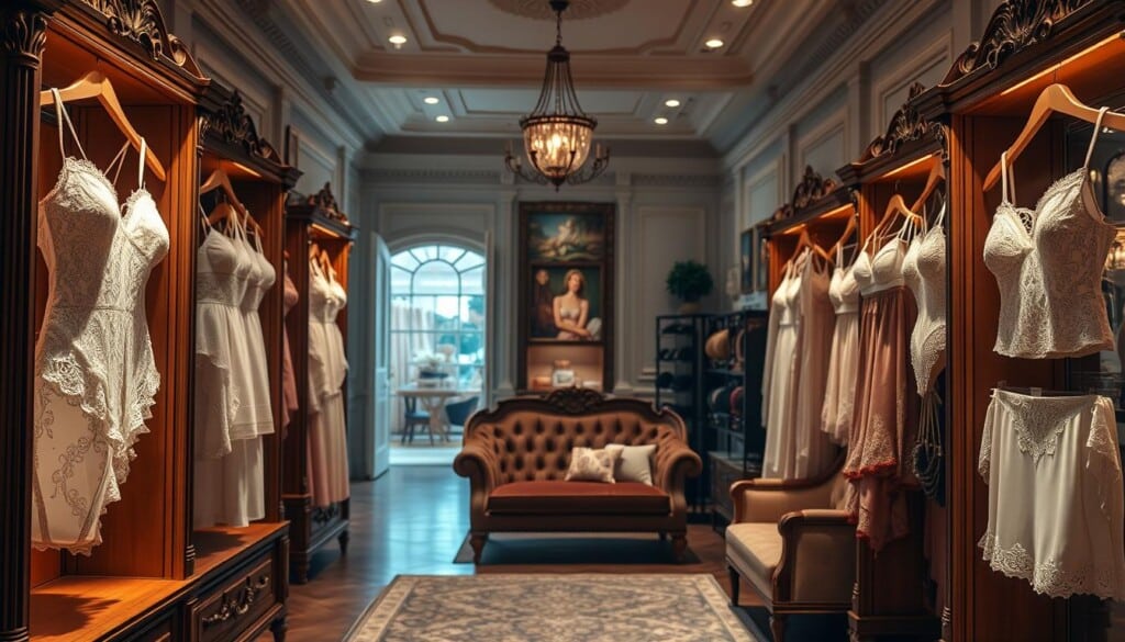An inviting lingerie shop interior, softly lit with warm, ambient lighting. The foreground features elegant, lace-trimmed undergarments elegantly displayed on ornate wooden shelves. In the middle ground, a plush, velvet-upholstered seating area provides a cozy atmosphere for customers to browse. The background reveals a spacious, high-ceilinged space with decorative moldings and tasteful artwork, conveying a sense of luxury and sophistication. The overall mood is one of refined femininity, where customers can feel comfortable and inspired to find the perfect intimate attire.