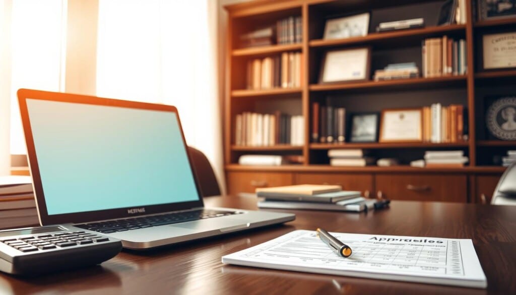 An office desk with a laptop, calculator, and pen showcasing the cost of professional appraisal services. Warm, natural lighting illuminates the scene, creating a serene and authoritative atmosphere. The desk is neatly organized, suggesting the meticulous attention to detail required for accurate property valuations. In the background, a bookshelf filled with reference materials and framed certificates highlights the appraiser's expertise. The overall composition conveys the importance of obtaining reliable, expert-driven appraisals for important financial decisions.