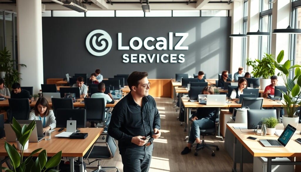 An office interior with a large "LocalZ Services" logo prominently displayed on the wall. Rows of desks with employees actively engaged in tasks, collaborating on laptops and tablets. The space is bright and modern, with floor-to-ceiling windows allowing natural light to flood the room. Potted plants and sleek furniture create a professional yet welcoming atmosphere. In the foreground, a business owner is meeting with a LocalZ representative, discussing strategies for local business engagement. The lighting is soft and directional, emphasizing the collaborative nature of the scene. The overall impression conveys the valuable services LocalZ provides to help local businesses thrive.