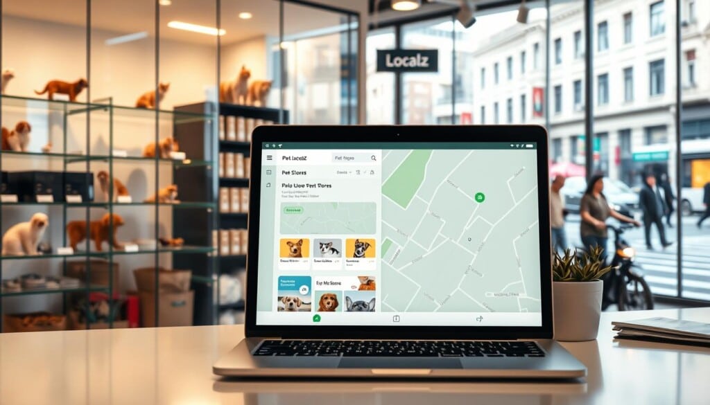 An office scene with a glass-walled pet store in the foreground, showcasing various animals and products. The pet store is brightly lit, with clean modern shelves and displays. In the middle ground, the LocalZ app is prominently featured on a laptop screen, allowing customers to browse and discover nearby pet stores. The background depicts a bustling city street, with people and vehicles passing by, conveying a sense of urban life and the integration of the pet store with the local community. The lighting is warm and inviting, creating a welcoming atmosphere that highlights the pet store's offerings and the convenience of the LocalZ app for pet owners.