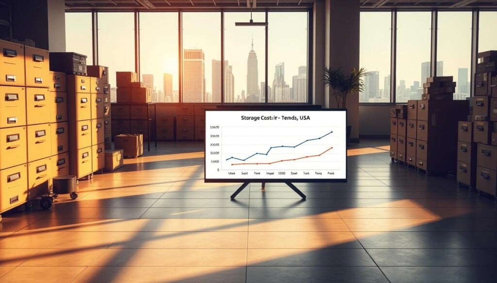 An office with an array of filing cabinets and storage boxes in the foreground, casting long shadows on the tiled floor under warm, directional lighting. In the middle ground, a graph or chart depicting storage cost trends across different U.S. regions, presented on a whiteboard or projection screen. The background features a modern, minimalist interior design with large windows offering a cityscape view, conveying a sense of professionalism and affordability within the self-storage industry.