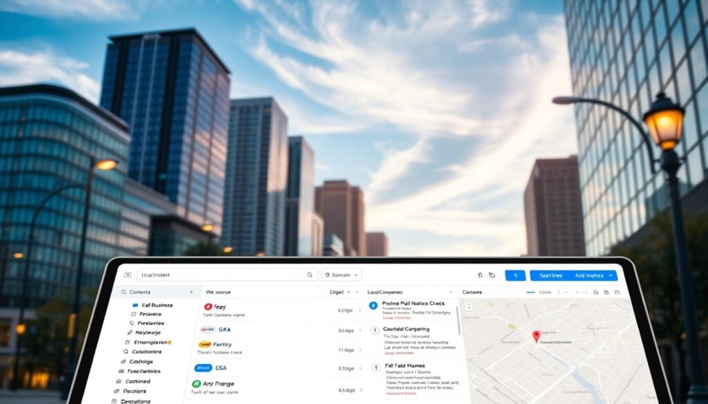 An online business directory with a clean, modern interface. Foreground features a searchable list of local companies, their logos, and brief descriptions. Middle ground shows a map with pinpointed business locations. Background depicts a cityscape with tall office buildings, street lamps, and a blue sky with wispy clouds. Warm, natural lighting creates a welcoming atmosphere. The overall scene conveys a sense of easy connectivity between consumers and the diverse range of local enterprises.