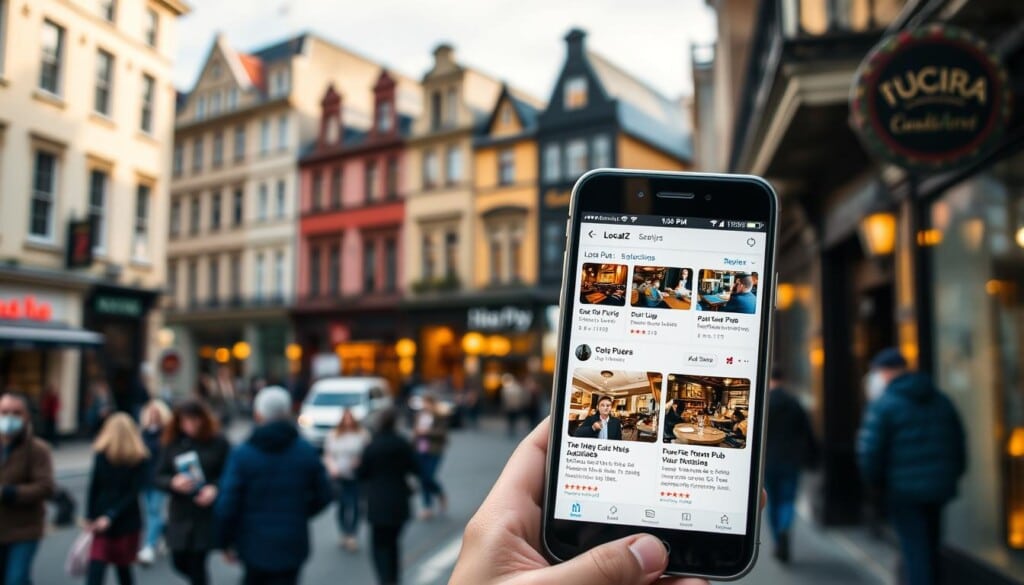 An online directory service showcasing a vibrant selection of local pubs, with a clean and intuitive user interface. In the foreground, a mobile device displays the LocalZ app, featuring high-quality photographs of cozy pub interiors, detailed listings, and user reviews. The middle ground depicts a bustling street scene, with pedestrians and traffic, capturing the lively atmosphere of a thriving urban neighborhood. In the background, a row of historic, well-preserved buildings sets the stage, conveying a sense of community and tradition. The lighting is warm and inviting, creating a welcoming ambiance that reflects the character of the featured establishments. The overall composition highlights the convenience and accessibility of LocalZ, empowering users to discover the best local pubs in their area.