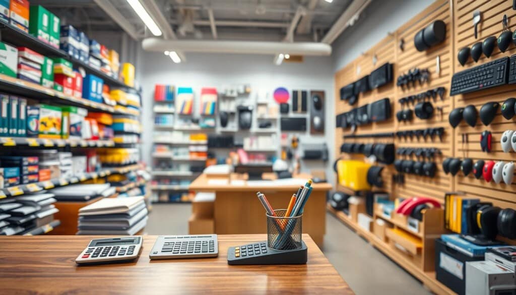An organized office supply store interior with various office equipment neatly displayed on shelves. Bright, clean lighting illuminates the scene, highlighting the products' colors and textures. In the foreground, a calculator, a stack of notebooks, and a pen holder are placed on a wooden counter, suggesting cost analysis and budgeting. The middle ground features rows of shelves stocked with staplers, scissors, file folders, and other essential supplies. The background showcases a wall display of high-tech gadgets like wireless keyboards and mice, hinting at the store's range of offerings. The overall atmosphere conveys a professional, well-curated shopping experience focused on cost-effective solutions for the modern workspace.