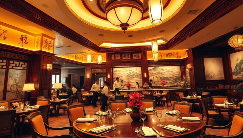 An ornate and inviting interior of an authentic Asian restaurant, featuring a warm, golden lighting that casts a cozy ambiance. The foreground showcases a large, round dining table with elegant place settings, surrounded by intricately carved wooden furniture and decorative screens adorned with traditional Asian motifs. In the middle ground, servers in traditional attire move gracefully, delivering fragrant dishes to the guests. The background reveals a panoramic view of the restaurant, with high ceilings, paper lanterns, and a scenic mural or landscape painting, transporting the viewer to the heart of an Asian culinary experience.