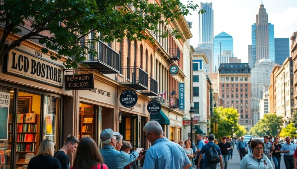 An outdoor scene of a bustling city street, with a vibrant and lively atmosphere. In the foreground, a group of people are gathered around a smartphone, intently studying a map or directory. The middle ground features a row of quaint, independent bookstores, their facades adorned with charming signage and inviting window displays. In the background, a mix of historic buildings and modern skyscrapers create a visually interesting cityscape, bathed in warm, natural lighting. The overall composition conveys a sense of exploration, discovery, and the joy of finding hidden literary gems within the urban landscape.