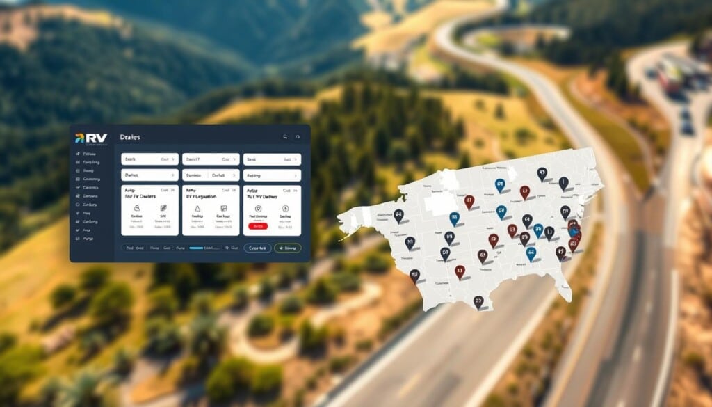 An overhead view of a sleek, high-tech RV dealer locator interface. The foreground features a clean, intuitive dashboard with various filters and search options, allowing users to easily browse and compare different RV models and dealerships. The middle ground showcases a zoomable map with pinpointed dealer locations across the United States, each represented by a distinct icon. The background depicts a subtly blurred landscape, with scenic vistas of rolling hills, forests, and winding roads, hinting at the adventurous lifestyle an RV can provide. The lighting is crisp and natural, with a balanced use of shadows and highlights to create depth and emphasize the digital interface. The overall mood is professional, informative, and inspiring, perfectly complementing the "How to Research RV Dealers" section of the article.