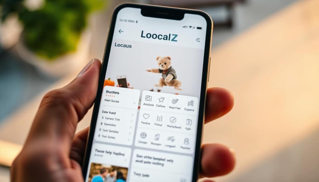 An overhead view of a smartphone screen displaying the LocalZ app interface, showcasing its various features and functionalities. The screen is bathed in soft, warm lighting, creating a welcoming and intuitive atmosphere. In the foreground, a hand holding the device is visible, highlighting the interactive nature of the app. The middle ground features clean, well-organized menus and icons, guiding the user through the app's navigation. The background subtly depicts a serene, blurred urban landscape, suggesting the real-world applications and benefits of the app. The overall composition conveys the ease of use and the practical value of the LocalZ app for users.