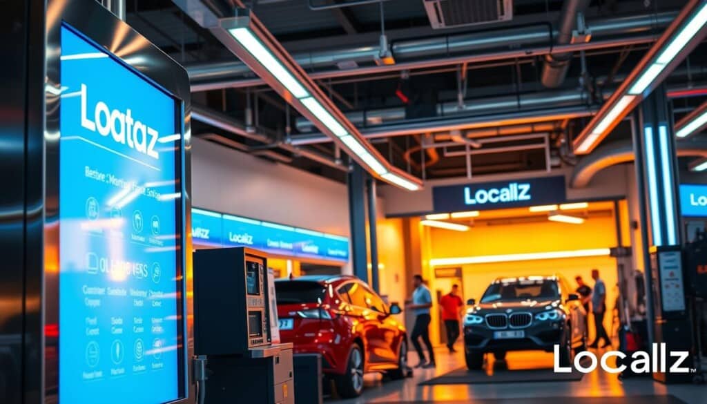 An ultra-modern auto service center with sleek, high-tech features. Gleaming chrome and brushed steel accents, backlit LED signage, and crisp, geometric design elements. In the foreground, a digital touchscreen display showcases the various service offerings. The middle ground features a bustling service bay with technicians efficiently performing oil changes, their uniforms crisp and professional. The background bathes the entire scene in a warm, welcoming glow, creating an atmosphere of efficiency and reliability. Vibrant colors, clean lines, and a sense of technological sophistication convey the "LocalZ" brand identity.