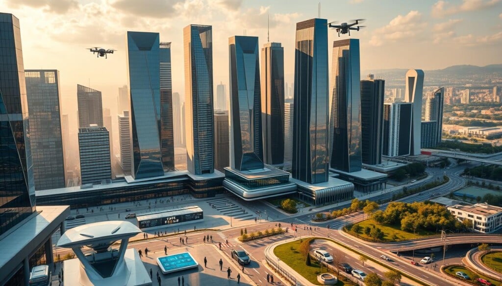 An ultra-modern smart city skyline with sleek, geometric skyscrapers featuring state-of-the-art energy-efficient architecture. The buildings have seamlessly integrated smart technology, including automated climate control, renewable energy systems, and advanced security systems. The city is bathed in warm, golden-hour lighting, casting long shadows across the gleaming glass facades. In the foreground, a futuristic plaza with interactive digital displays and robotic pedestrian traffic. In the middle ground, self-driving cars navigate the streets, while drones buzz overhead. The background showcases a panoramic view of the entire smart city, with lush green parks and advanced transportation infrastructure.