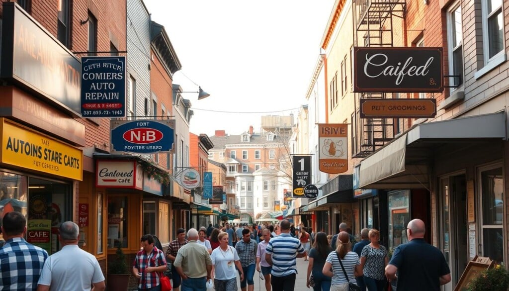 An urban neighborhood street lined with thriving local businesses, their vibrant storefronts and signs showcasing the diverse community. In the foreground, customers mill about, interacting with shop owners and exploring the local offerings. The middle ground features a mix of small businesses - a family-owned auto repair shop, a cozy café, a pet grooming salon. In the background, residential homes and apartments suggest the close-knit nature of the area. Warm, natural lighting filters through, creating a welcoming, lived-in atmosphere. The overall scene conveys the vital role these local enterprises play in shaping the character and well-being of the surrounding community.