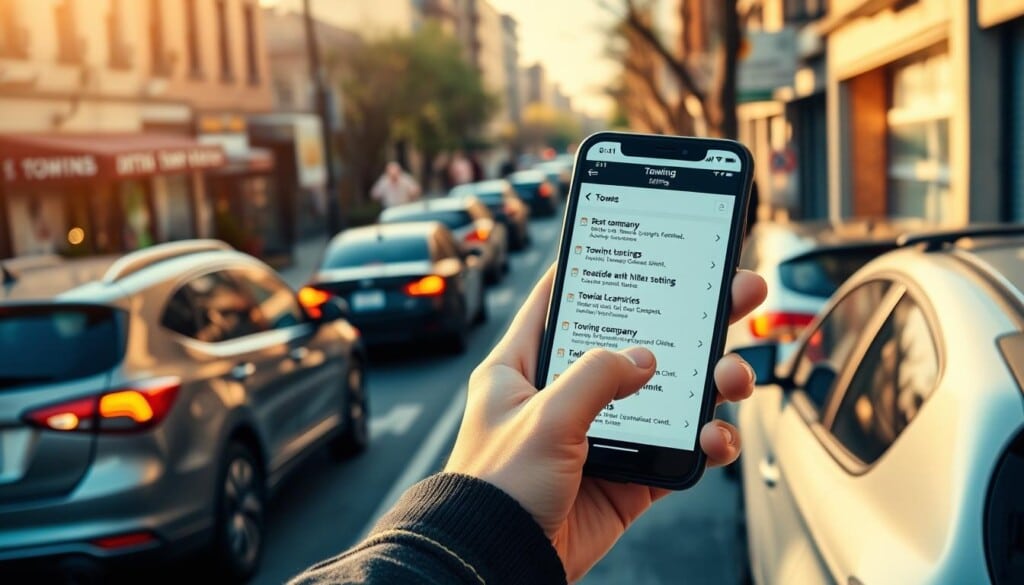 An urban street scene with a focused foreground of a person using a smartphone, their fingers scrolling through a list of towing company listings on the screen. The middle ground features several parked cars, some with their hazard lights blinking, suggesting a need for roadside assistance. In the background, a row of storefronts line the street, with signage for various local businesses. The lighting is warm and natural, creating a sense of a vibrant, bustling neighborhood. The camera angle is slightly elevated, giving a bird's-eye view of the scene, emphasizing the search and discovery process. The overall atmosphere conveys a sense of seeking reliable, conveniently located towing services.