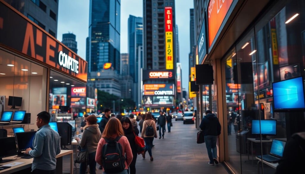 An urban street with a row of computer stores, their storefront displays brightly lit and inviting. In the foreground, a group of customers browsing laptops and desktops through large windows, their reflections visible. The middle ground features store employees assisting shoppers, while the background showcases a bustling city landscape with skyscrapers and traffic. Soft, warm lighting casts a welcoming glow, creating an atmosphere of exploration and discovery. The scene conveys a sense of a thriving tech hub, where consumers can evaluate and compare the latest computer products and services.