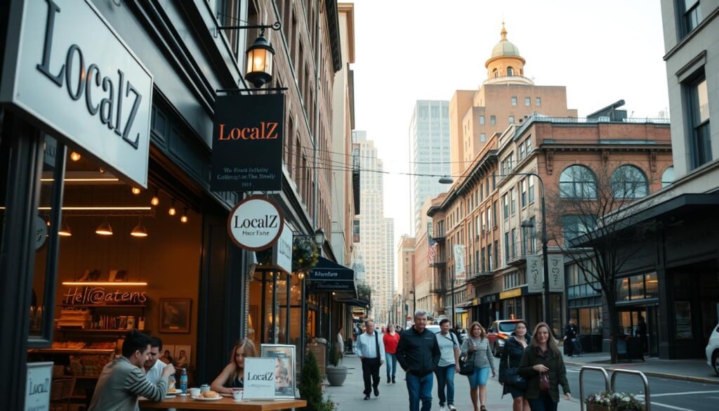 An urban streetscape with a vibrant local business district. In the foreground, a bustling cafe with customers enjoying coffee and pastries. Outside, a storefront displays a "LocalZ" logo, showcasing its impact on the community. In the middle ground, pedestrians stroll along the sidewalk, passing by a variety of independent shops and restaurants. Overhead, string lights and signage create a warm, inviting atmosphere. In the background, a mix of historic buildings and modern architecture frame the scene, conveying a sense of civic pride and belonging. Soft, diffused lighting casts a golden glow, highlighting the energy and activity of the local businesses and their engagement with the community.