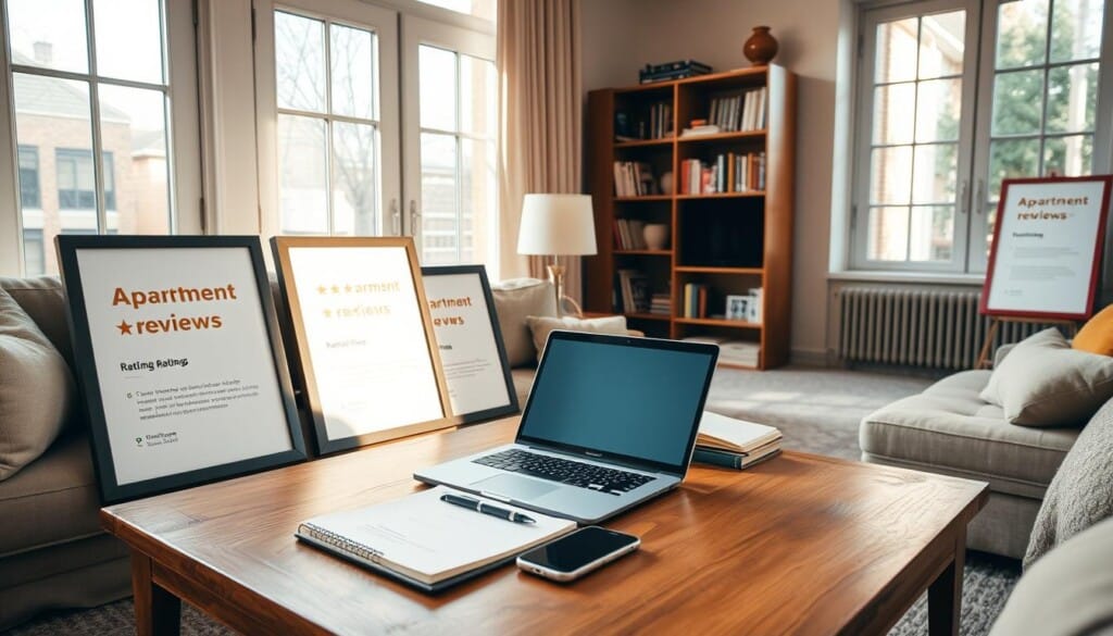 Apartment reviews: A cozy living room with a laptop, smartphone, and notepad on a wooden table, surrounded by framed rental ratings and reviews. Warm lighting filters through large windows, casting a welcoming glow. Neutral-toned furnishings and natural textures create a relaxed, inviting atmosphere. In the background, a bookshelf displays reference materials, adding an intellectual touch. The scene conveys the thoughtful process of researching and evaluating rental options through online feedback.