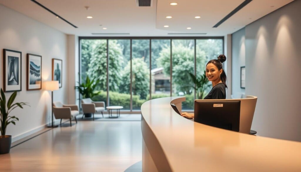 Appointment booking in sports medicine: A serene reception area, with a warm, inviting ambiance. In the foreground, a sleek, modern desk staffed by a friendly receptionist, ready to assist patients with scheduling their visits. The middle ground features a clean, minimalist waiting area, complete with comfortable chairs and calming artwork on the walls. In the background, a panoramic window provides a view of a lush, verdant outdoor space, creating a soothing, nature-inspired atmosphere. The lighting is soft and diffused, evoking a sense of tranquility. The camera angle is slightly elevated, capturing the scene with a sense of order and professionalism.