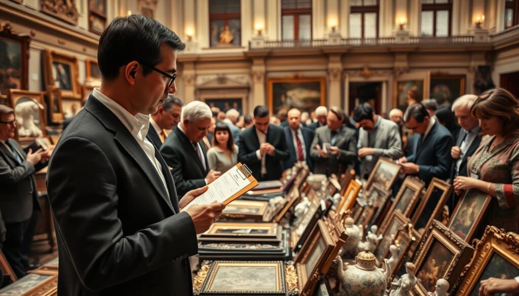 Auction appraisal: a well-lit, intimate setting where experts in antique furniture, fine art, and rare collectibles carefully examine and evaluate a diverse array of items. In the foreground, a professional auctioneer stands poised, clipboard in hand, thoughtfully considering the history and provenance of each piece. Surrounding them, a group of serious-faced collectors, dealers, and enthusiasts lean in, scrutinizing the items with discerning eyes. The middle ground is filled with a carefully curated selection of meticulously cataloged lots, ranging from ornate gilded frames to delicate porcelain figurines. In the background, the auction house's grand architecture serves as a dignified backdrop, conveying a sense of tradition and authority. The overall atmosphere is one of quiet reverence, as the attendees engage in the art of identifying valuable treasures.