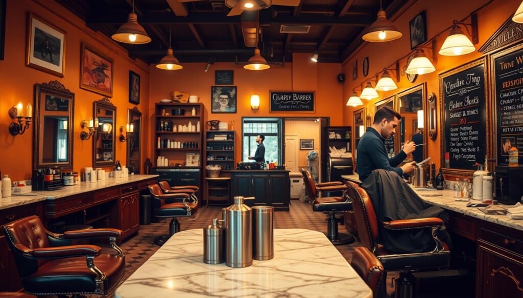 Barber shop interior, warm lighting illuminating a well-appointed space with vintage-style chairs, marble-topped counters, and classic brass fixtures. Foreground features a skilled barber attending to a client, trimming hair with precision using a straight razor and comb. Middle ground showcases an array of grooming products, shaving mugs, and neatly organized tools of the trade. In the background, shelves displaying classic pomades and tonics, complemented by framed artwork and a chalkboard menu highlighting the range of services offered. An atmosphere of timeless elegance and expert craftsmanship pervades the scene.