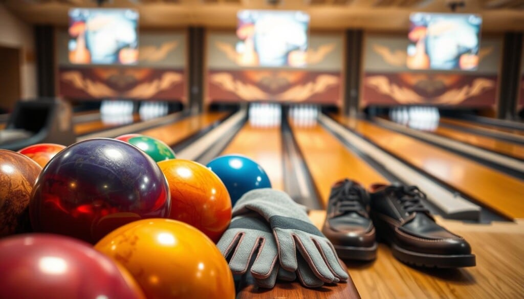 Bowling equipment: an array of shiny, polished balls, fingerless gloves, and sturdy shoes against a backdrop of a well-lit alley. The foreground features a set of multicolored bowling balls, their surfaces gleaming under the warm, inviting lighting. In the middle ground, a pair of fingerless bowling gloves rests on a smooth, wooden bench, ready for the player's hand. The background showcases the classic lanes, their polished wood surface reflecting the overhead lighting, creating a sense of depth and perspective. The overall atmosphere is one of anticipation and focus, setting the stage for a thrilling bowling experience.