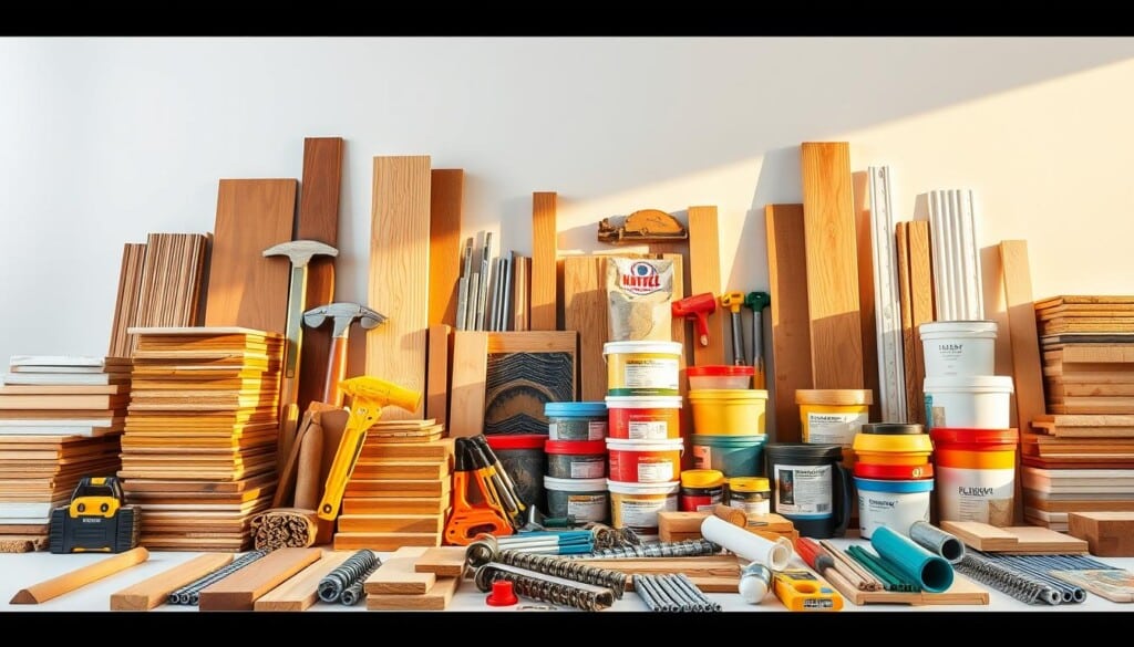 Building supplies for every project type, from sturdy lumber and gleaming hardware to vibrant paints and intricate moldings, artfully arranged against a crisp white backdrop. Warm golden lighting bathes the scene, casting soft shadows and highlighting the textures of the materials. The composition features a balanced mix of foreground elements, such as stacks of neatly organized tools and fasteners, with a middle ground showcasing an array of building supplies in varied shapes, sizes, and hues. The background seamlessly blends into a clean, minimalist setting, allowing the products to take center stage and inspire the viewer's creativity.