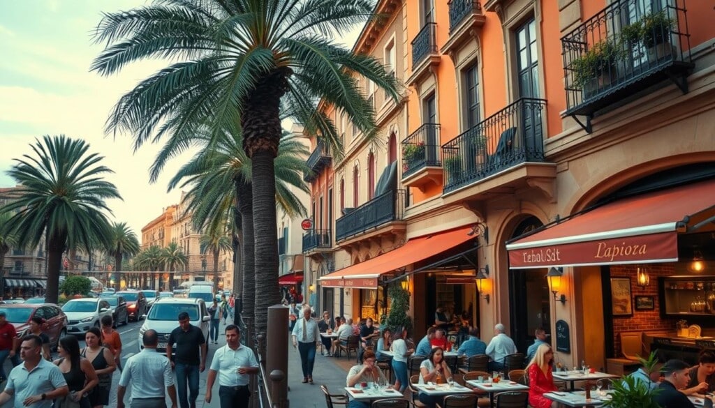Bustling city streets in vibrant Spanish locales, palm trees swaying, tapas bars and cafes lining the sidewalks. Striking facades in warm terracotta hues, intricate architectural details, and lively crowds savoring flavorful dishes. A high-angle view showcasing the dynamic energy of the top Spanish restaurants, capturing the essence of authentic cuisine and lively ambiance. Soft, diffused lighting illuminates the scene, creating a welcoming, inviting atmosphere. The image should convey the rich cultural heritage and culinary excellence that defines the best Spanish food destinations in the United States.