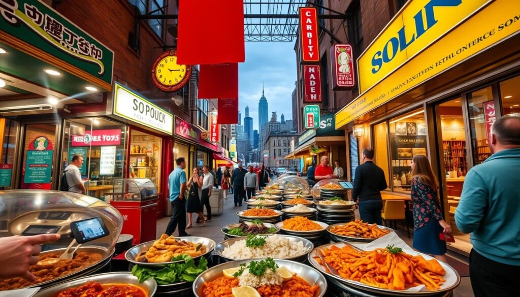 Bustling city streets lined with vibrant storefronts, each showcasing a unique culinary tradition. A panoramic view of the diverse dining landscape, where the aroma of sizzling spices and simmering sauces fills the air. In the foreground, a carefully curated selection of signature dishes from ethnic restaurants, their colorful presentations tantalizing the senses. The middle ground reveals the bustling energy of these establishments, patrons savoring each bite against a backdrop of lively conversation and laughter. In the distance, the iconic skylines of major U.S. cities stand as a testament to the rich cultural tapestry that thrives within. Warm lighting casts a welcoming glow, inviting the viewer to embark on a global culinary adventure, right in the heart of these vibrant urban centers.
