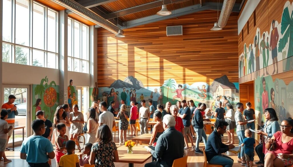 Bustling local community center, warmly lit interior with wooden accents. Diverse group of people engaged in various activities - children playing, adults chatting, seniors reading. Vibrant murals on the walls depicting scenes of togetherness, cultural exchange, and civic pride. Sunlight streams through large windows, creating a welcoming atmosphere. Sleek modern design seamlessly blends with traditional elements, reflecting the inclusive spirit of the LocalZ initiative. The space exudes a sense of belonging, where individuals of all backgrounds come together to uplift and empower the neighborhood.