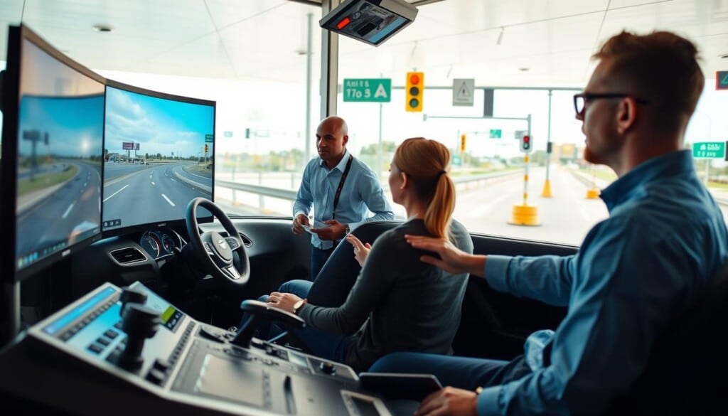 Comprehensive driving programs unfold against a serene backdrop. In the foreground, a modern driving simulator with advanced controls and a wraparound screen immerses the learner in realistic driving scenarios. In the middle ground, an instructor guides a student through a comprehensive curriculum, explaining techniques for safe maneuvering, defensive driving, and navigating complex traffic. In the background, a well-equipped training facility with signage, traffic lights, and road markings creates an authentic environment to hone essential skills. Soft, diffused lighting casts a warm, educational atmosphere, conveying the notion of a comprehensive, professional driving education.