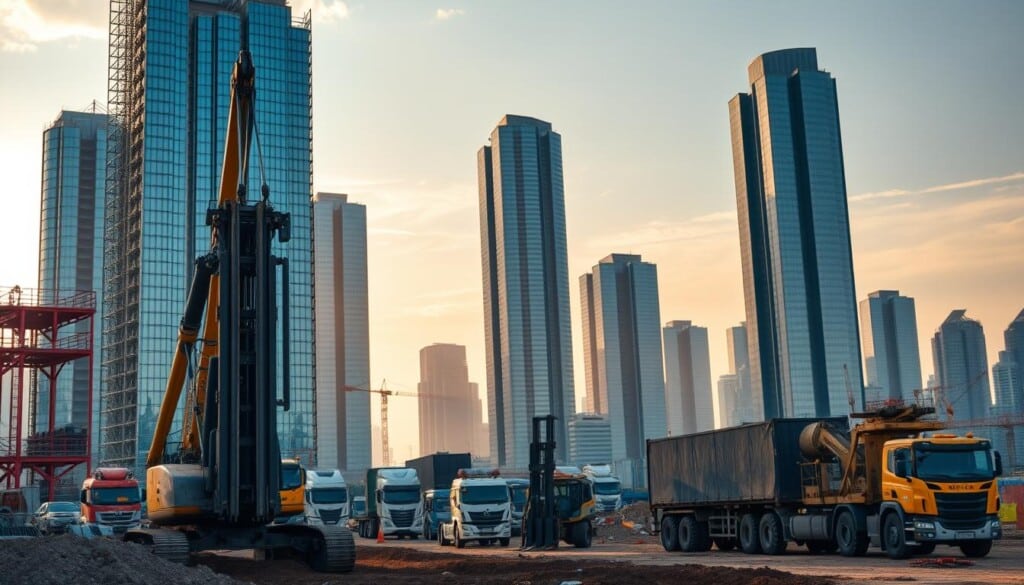 Construction equipment rental, a bustling scene of industrial machinery against a backdrop of a modern cityscape. In the foreground, a towering excavator stands ready, its mechanical arm poised to dig deep into the earth. Nearby, a sleek forklift navigates the site, maneuvering heavy materials with precision. In the middle ground, a fleet of construction trucks, their rugged tires gripping the ground, transport vital supplies. The background is framed by towering skyscrapers, their steel and glass facades gleaming under the warm, golden light of the sun. The overall atmosphere conveys a sense of progress, efficiency, and the dynamic nature of the construction industry.