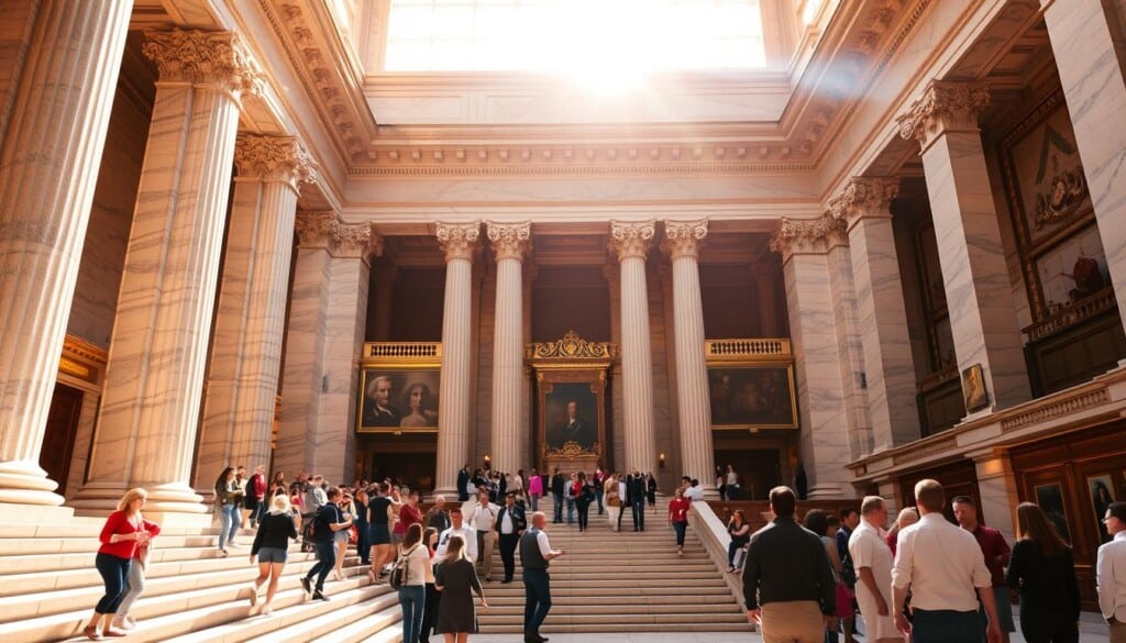 Courthouse tours: A grand marble edifice, its stately columns and ornate facade bathed in warm, golden light. Visitors gathered on the steps, gazing up in awe at the architectural splendor before them. Inside, a grand lobby with high ceilings and intricate moldings, where tour guides regale guests with tales of the building's rich history and the legal proceedings that have unfolded within its halls. Sunlight streams through tall windows, illuminating the polished wood and gleaming brass fixtures. Visitors move through the ornate courtrooms, imagining the dramatic trials and pivotal decisions that have shaped the nation's judicial legacy. A sense of reverence and wonder permeates the experience, as guests leave with a deeper appreciation for the enduring significance of these iconic American landmarks.