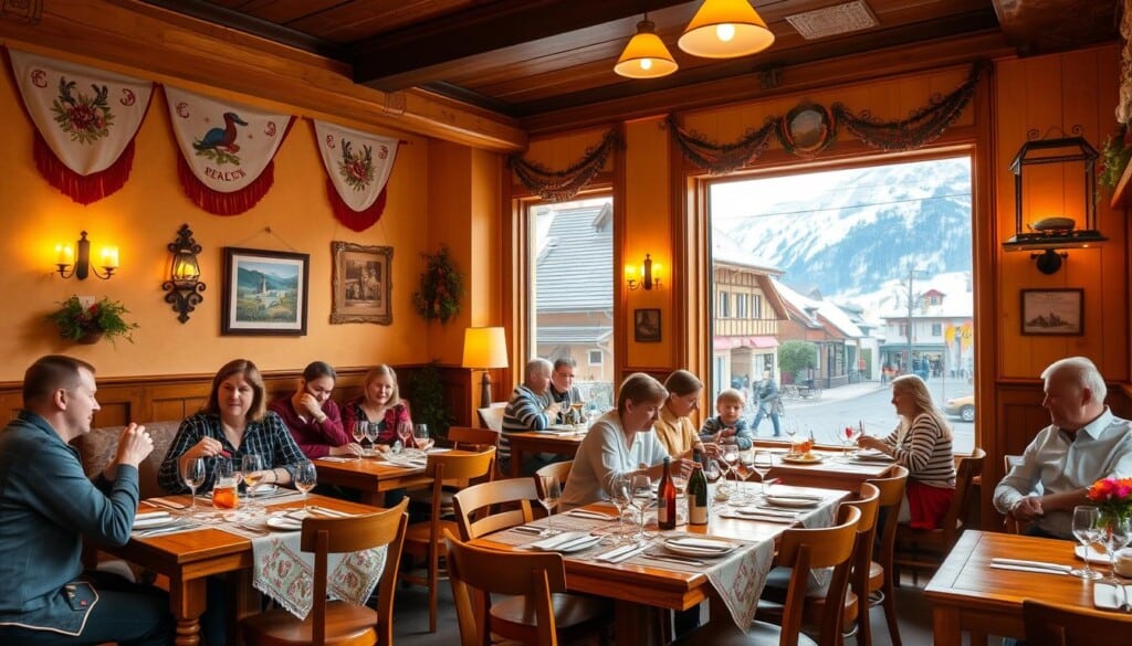 Cozy and inviting Austrian restaurant interior, with warm lighting casting a soft glow. Wooden tables and chairs, accented with traditional Austrian decor like embroidered textiles and rustic wall hangings. Families enjoying hearty meals, laughter and conversation filling the air. Large windows overlooking a charming Austrian village streetscape, with snow-capped mountains in the distance. A welcoming atmosphere that evokes the comfort and hospitality of an authentic Austrian dining experience.