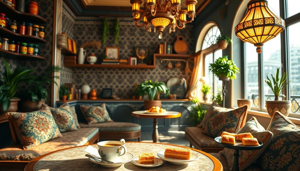 Cozy and vibrant Turkish cafe scene, with sunlight streaming through large windows. In the foreground, a table set with traditional ceramic dishes, a steaming cup of Turkish coffee, and a platter of baklava and other delectable pastries. Middle ground features plush, patterned cushions on low-slung seating, and shelves lined with colorful spice jars and vintage cookbooks. The background showcases an ornate tile mosaic wall, potted plants, and a traditional Turkish chandelier casting a warm, golden glow. An atmosphere of comfort, culture, and the scent of ancient spices fills the air.