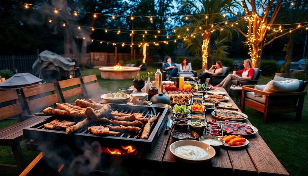 Cozy backyard barbeque scene with a large wooden picnic table set for a feast. A smoky grill sizzles in the foreground, surrounded by an array of grilled meats, fresh vegetables, and a variety of dipping sauces. The middle ground features guests relaxing on comfortable outdoor furniture, enjoying each other's company and the warm evening atmosphere. In the background, string lights draped across the trees cast a soft, romantic glow over the scene. The image conveys a sense of togetherness, indulgence, and an elevated dining experience that elevates the humble backyard barbeque.