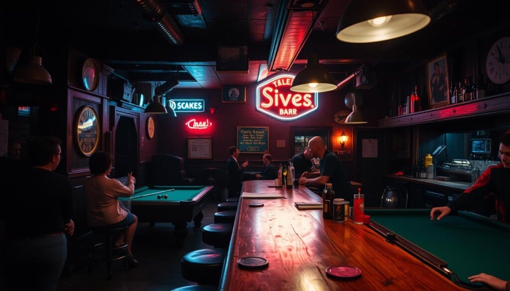Cozy dimly-lit interior of a local dive bar, the atmosphere warm and inviting. At the center, a well-worn wooden bar with a bartender wiping down the counter, surrounded by patrons enjoying their drinks. In the background, a vintage neon sign casts a soft glow, illuminating the eclectic mix of relics and memorabilia adorning the walls. A pool table sits in the corner, its green felt surface inviting a casual game. The lighting is low-key, creating pockets of intimacy and a sense of hidden discovery. The camera angle is slightly elevated, capturing the scene from an observer's perspective, conveying the feeling of stumbling upon a local treasure.