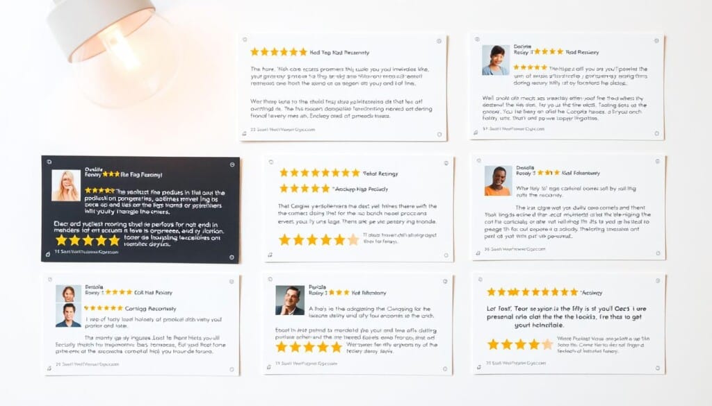 Crisp, high-resolution image of a neatly organized grid of customer review cards, each with a 5-star rating, positive testimonials, and relevant product images. The cards are set against a clean, white background, with a warm, soft lighting from the top left, casting subtle shadows and highlights. The layout is visually appealing, with a sense of balance and symmetry, drawing the viewer's attention to the positive, authentic reviews. The overall mood is one of trust, quality, and customer satisfaction, perfectly capturing the essence of the "Exploring Reviews and Recommendations" section.