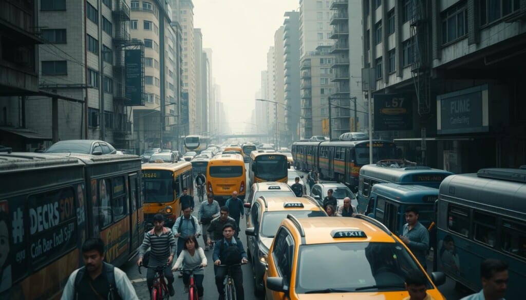 Crowded urban streetscape with a variety of public transportation modes, including buses, taxis, and commuter trains, struggling to navigate through congested traffic. Pedestrians and cyclists weave between vehicles, creating a chaotic scene. In the background, aging infrastructure, such as crumbling sidewalks and outdated signage, highlights the challenges facing the public transportation system. Muted colors and a sense of frustration permeate the atmosphere, conveying the difficulties commuters face in their daily journeys. Dramatic lighting and a slightly tilted camera angle add tension to the composition, emphasizing the overwhelming nature of the challenges.
