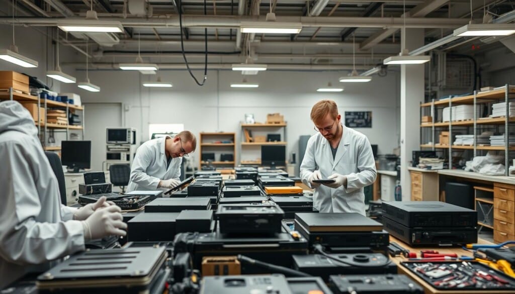 Damage restoration services in a modern, well-equipped workshop. In the foreground, technicians carefully inspect and handle various damaged items, from electronics to furniture. Soft, diffused lighting illuminates their focused expressions as they meticulously assess the extent of the damage. In the middle ground, rows of specialized equipment and tools stand ready to aid in the restoration process. The background reveals a clean, organized workspace with sturdy shelving and efficient workflows, conveying a sense of professionalism and attention to detail. An atmosphere of care and expertise permeates the scene, reflecting the reliable and comprehensive nature of the damage restoration services on offer.
