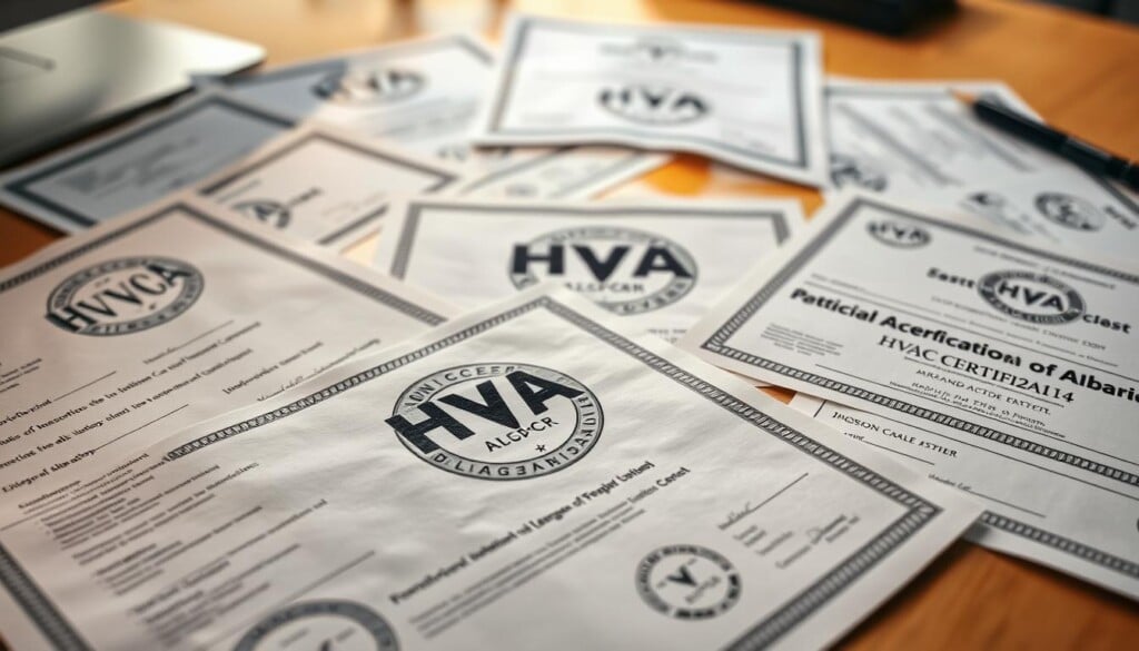 Detailed HVAC certification documents spread out on a clean, well-lit desk. Certifications and licenses rendered in realistic detail, with a crisp, professional appearance. Lens focused to showcase the intricate seals, logos, and endorsements. Warm, neutral lighting casting subtle shadows to emphasize the textured surfaces. Background softly blurred, directing the viewer's attention to the certifications at the center of the frame. An atmosphere of authority, credibility, and expertise conveyed through the image.