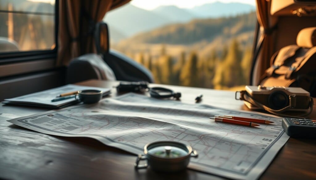 Detailed RV rental planning tips laid out on a wooden table with a map, compass, and other travel accessories. Soft, warm lighting from the side illuminates the scene, casting gentle shadows. In the background, a blurred scenic landscape of mountains and forests, hinting at the adventurous journey to come. The mood is one of anticipation and organization, inviting the viewer to plan their own RV road trip across the USA.