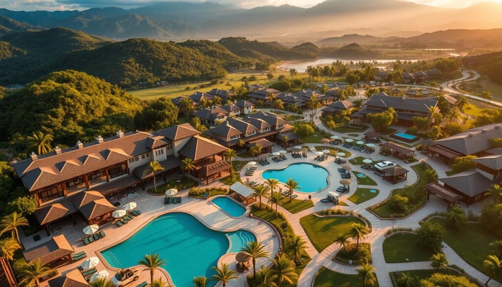 Detailed aerial view of a luxurious resort nestled amidst lush, verdant landscapes, with picturesque mountains in the distance. The foreground showcases a sprawling pool area surrounded by cabanas and sun loungers, while the middle ground features a bustling village with quaint shops, cafes, and local artisanal stalls. In the background, a network of paved walkways and electric golf carts winds through the resort, connecting guests to nearby natural attractions and adventure activities. Warm, golden sunlight bathes the scene, creating a serene and inviting atmosphere, highlighting the seamless integration of the resort with its stunning natural surroundings.