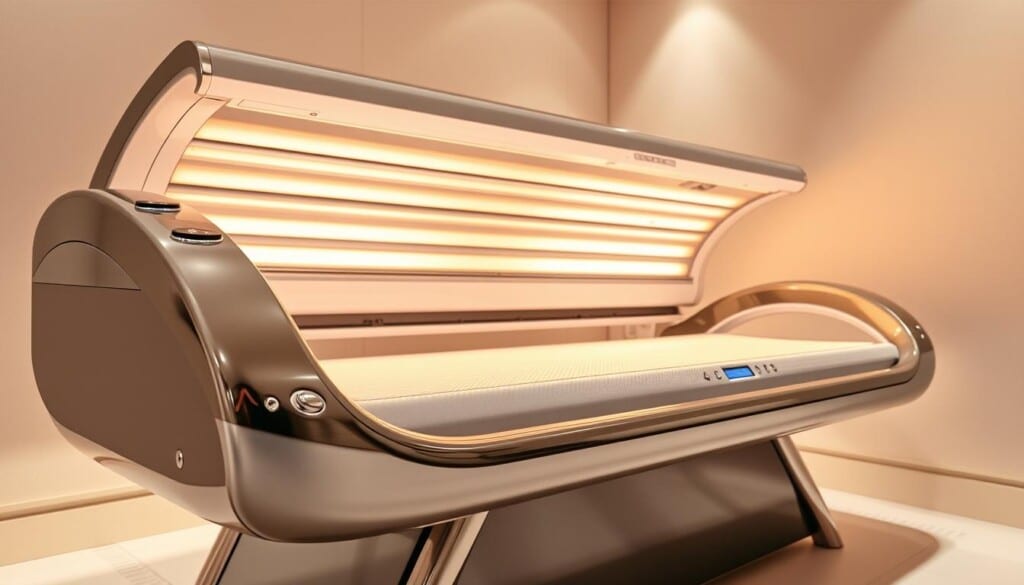 Detailed and well-lit close-up of a high-end tanning bed, showcasing its features. The bed is positioned in a modern, minimalist room with clean lines and neutral tones. The frame is made of sleek, shiny metal, and the controls are clearly displayed on the side panel. The lighting inside the bed is bright and even, creating a warm, inviting glow. The bed's surface is smooth and evenly textured, suggesting a comfortable and effective tanning experience. The overall composition highlights the bed's design, functionality, and quality, conveying a sense of professionalism and luxury.